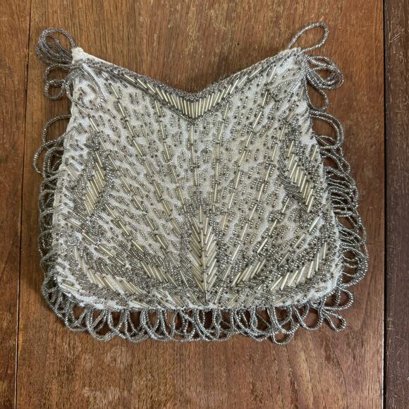 Vintage Silver Ivory 50s 60s Le Regale Glass Beaded Clutch‎ Evening Purse - Picture 1 of 8